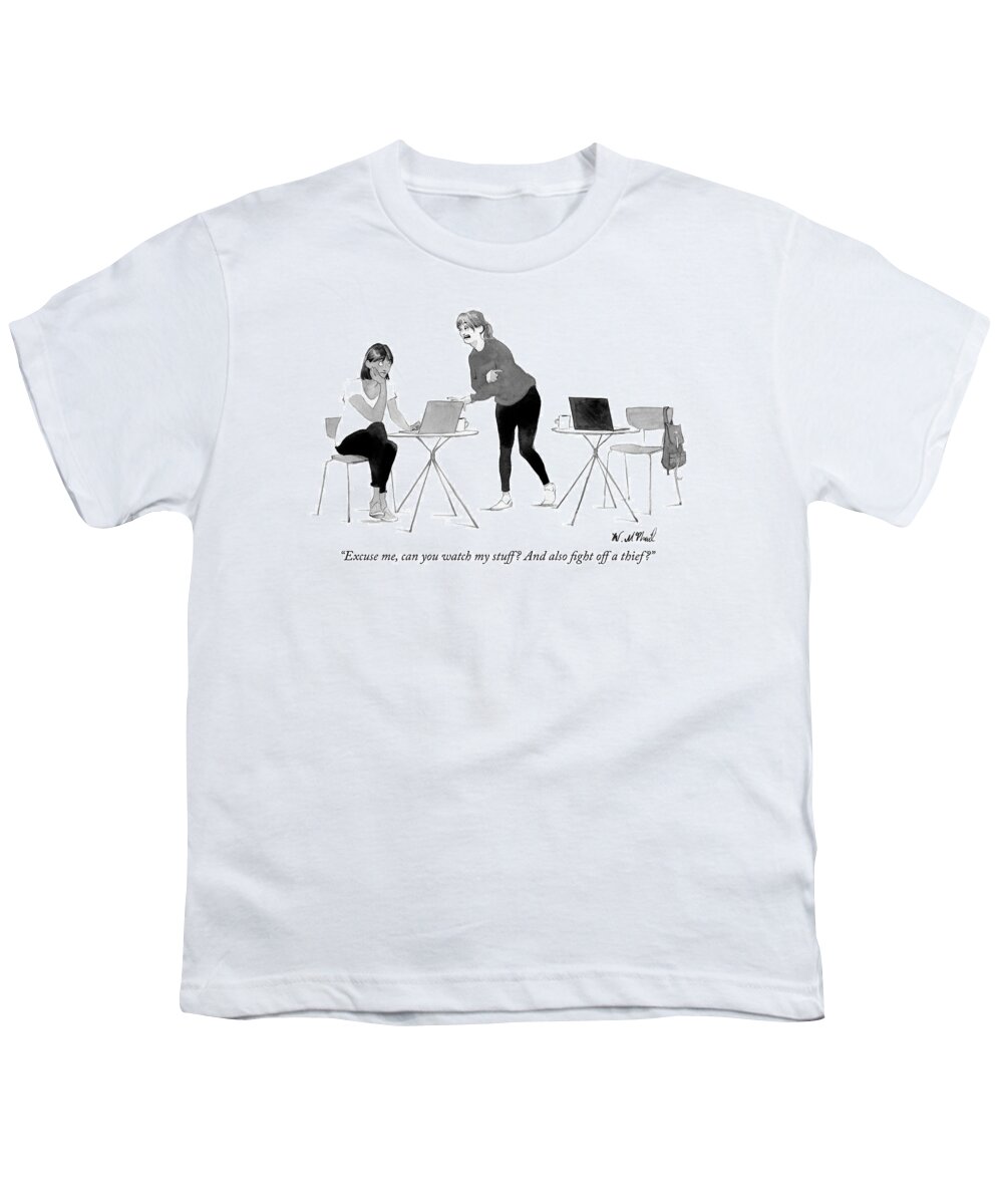 “excuse Me Youth T-Shirt featuring the drawing Can you watch my stuff by Will McPhail
