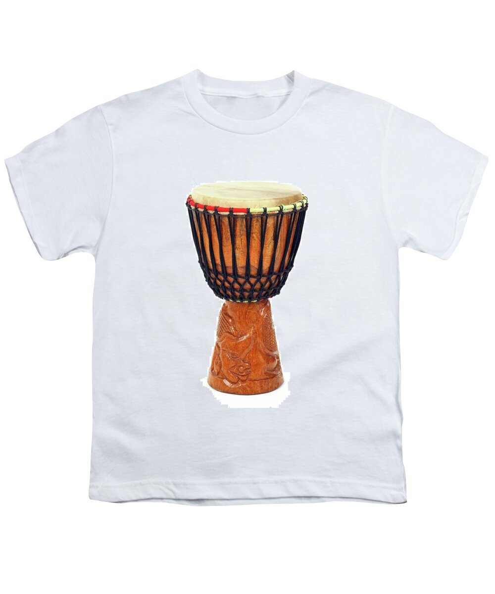 Djembe Youth T-Shirt featuring the photograph Carved African djembe drum by GoodMood Art