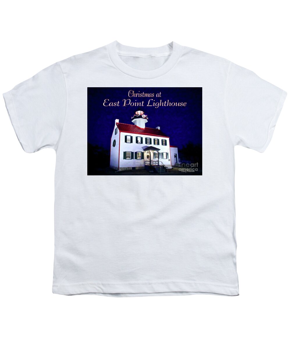 East Point Lighthouse Youth T-Shirt featuring the mixed media Christmas at East Point Lighthouse 2 by Nancy Patterson
