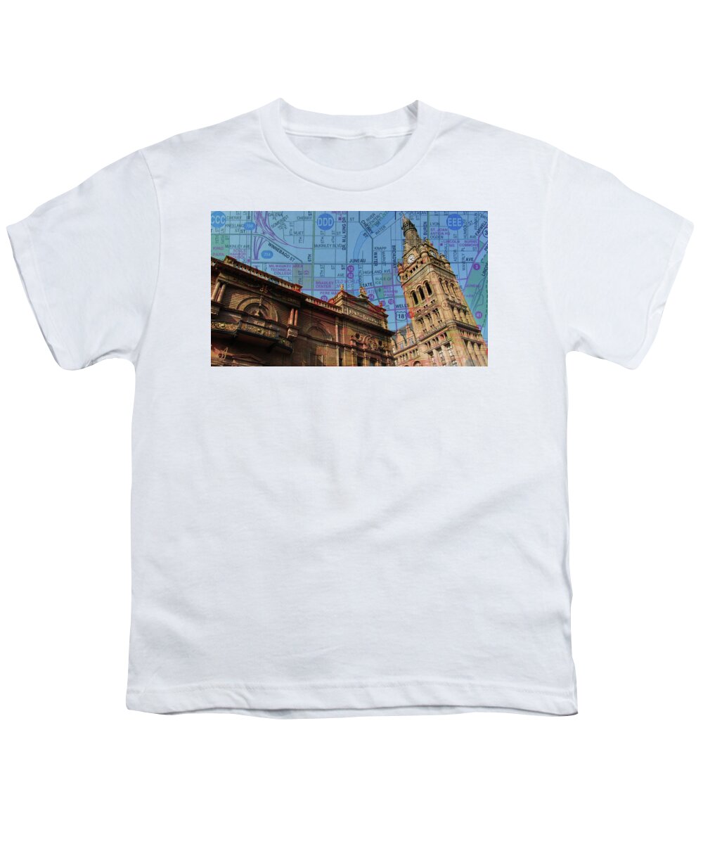 Milwaukee Youth T-Shirt featuring the photograph City Hall and Pabst Theater Rooflines w Map by Anita Burgermeister
