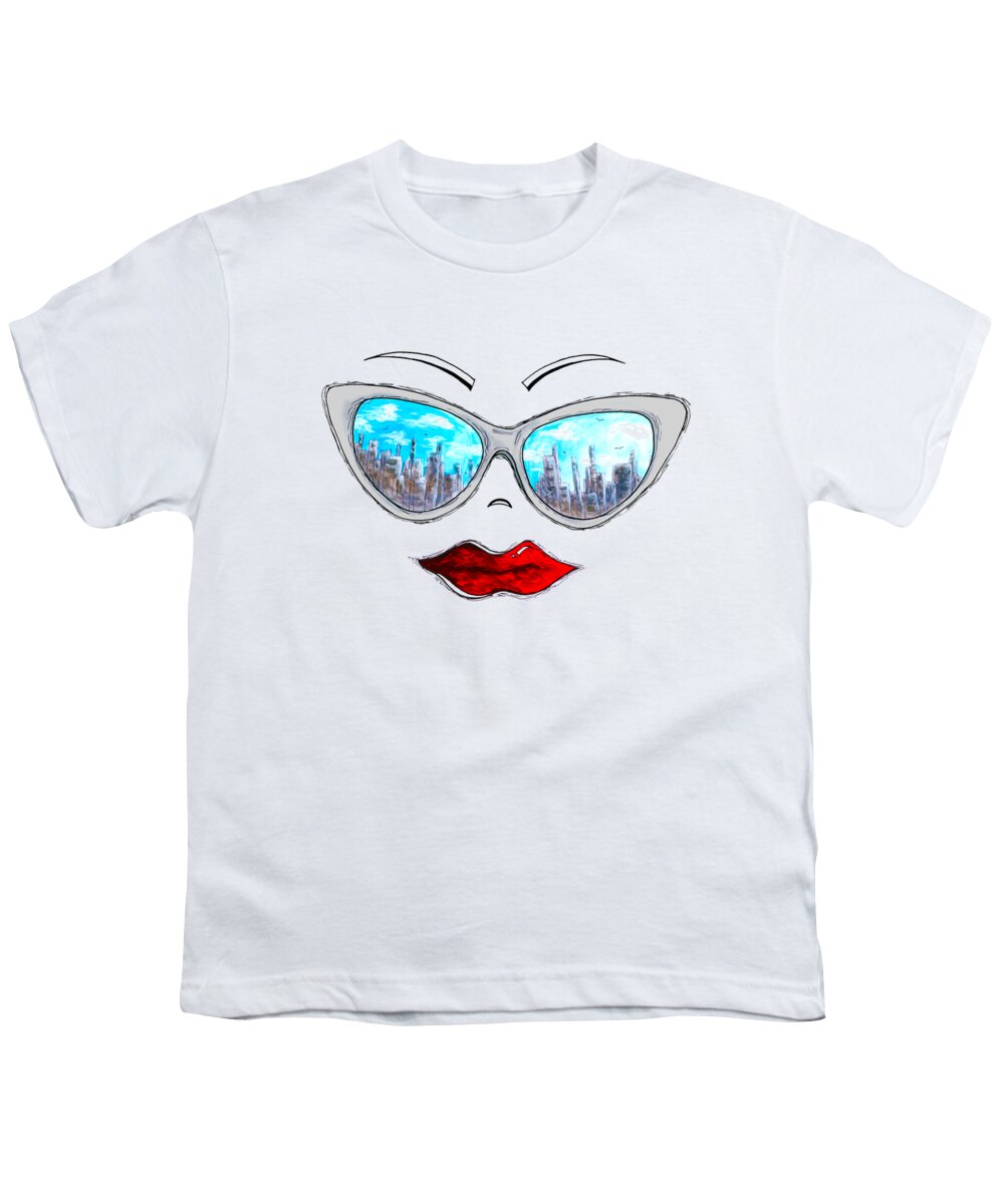 Pop Art Youth T-Shirt featuring the painting City Skyline Cat Eyes Reflection Sunglasses Aroon Melane 2015 Collection Collaboration with MADART by Megan Aroon