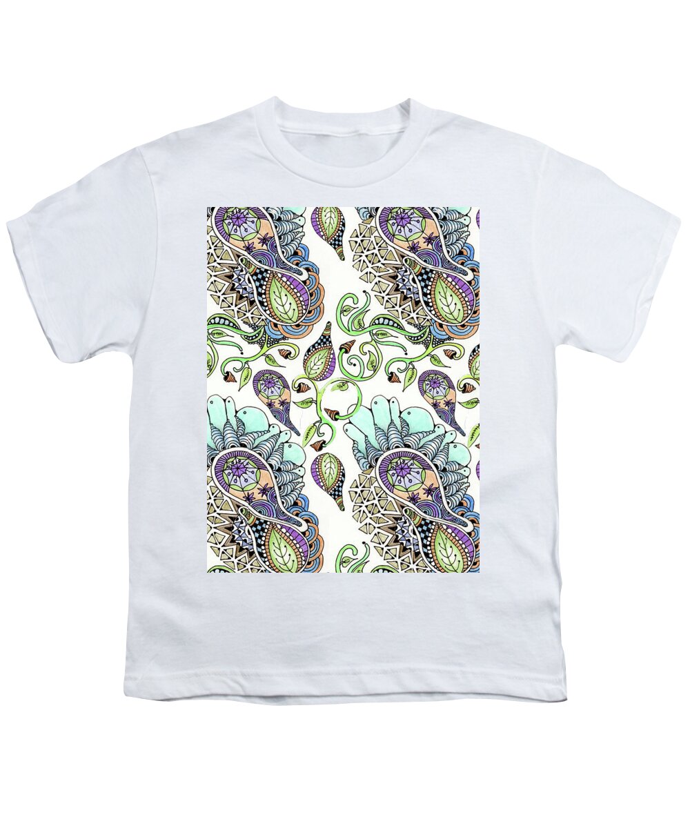 Zentangle Patterns Doodles Pen And Ink Leaves Vines Parameciums Youth T-Shirt featuring the tapestry - textile Clusters by Ruth Dailey