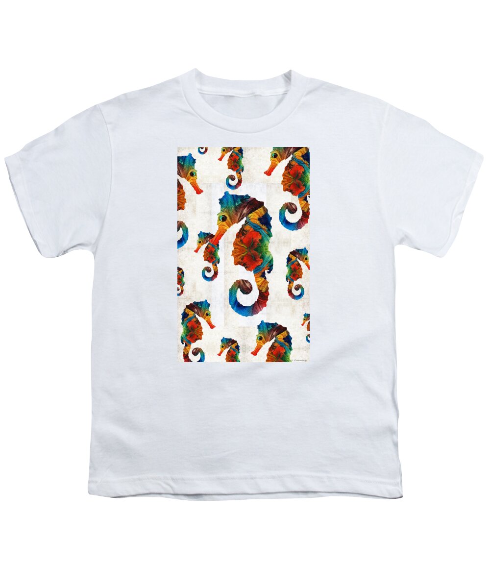 Seahorse Youth T-Shirt featuring the painting Colorful Seahorse Collage Art by Sharon Cummings by Sharon Cummings