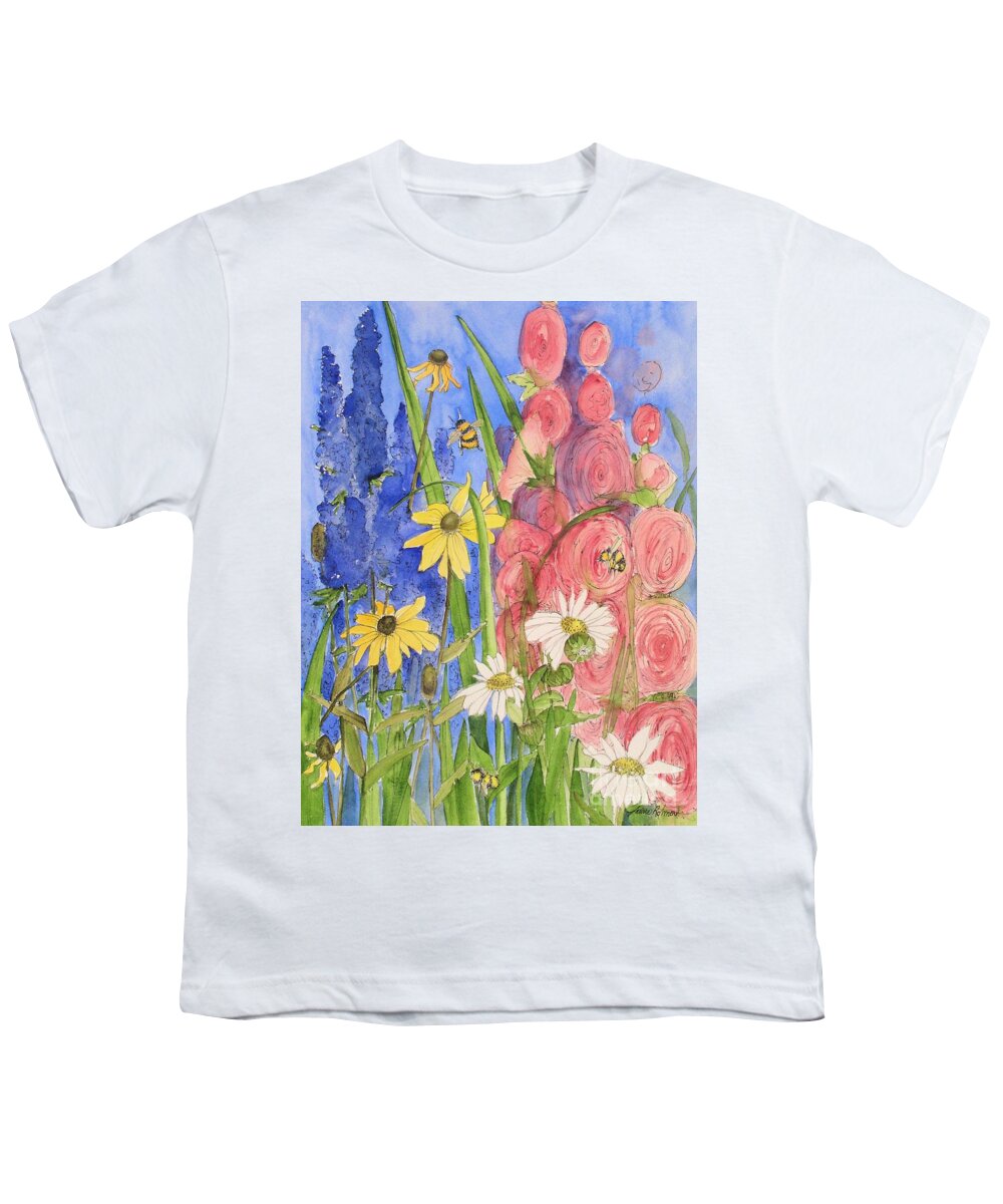 Watercolor Youth T-Shirt featuring the painting Cottage Garden Daisies and Blue Skies by Laurie Rohner