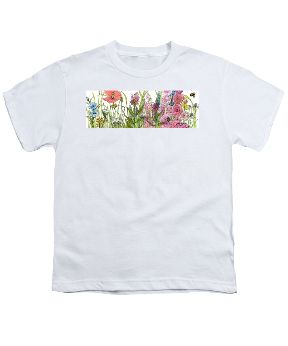 Watercolor Youth T-Shirt featuring the painting Cottage Hollyhock Garden by Laurie Rohner