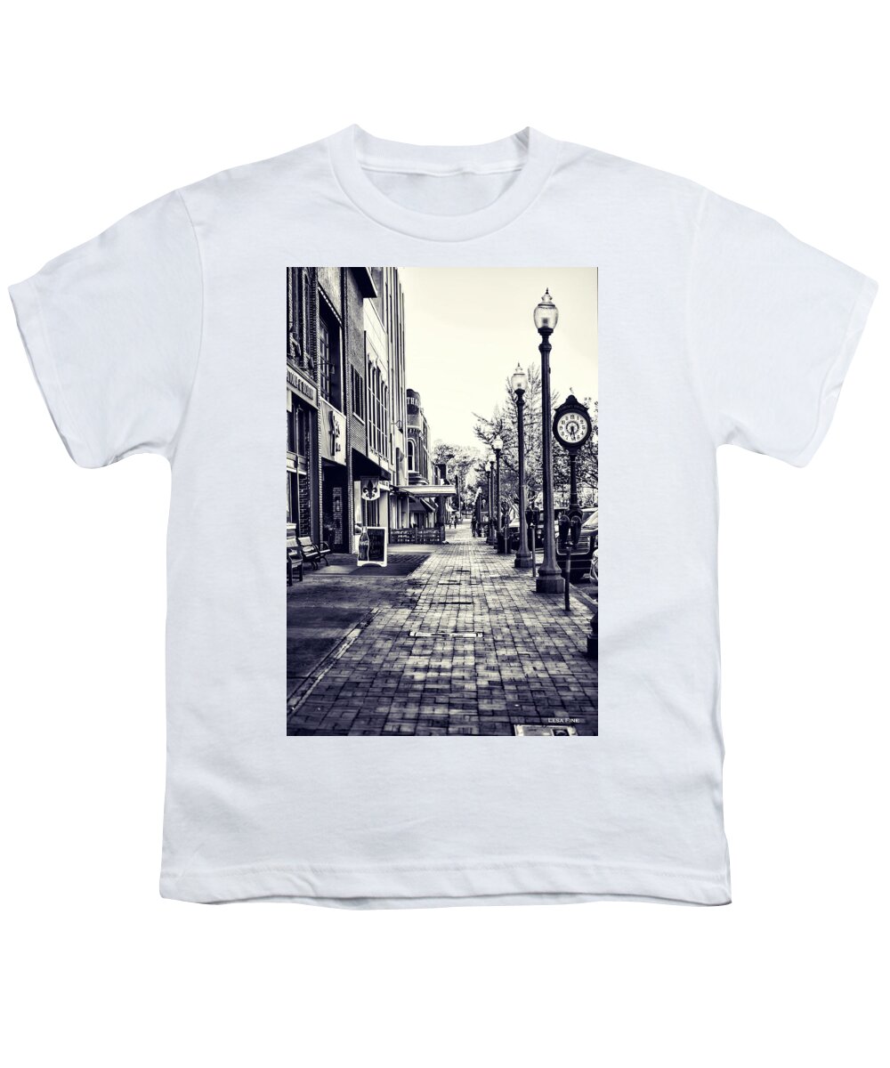 Court Street Youth T-Shirt featuring the mixed media Court Street Clock Florence Alabama by Lesa Fine