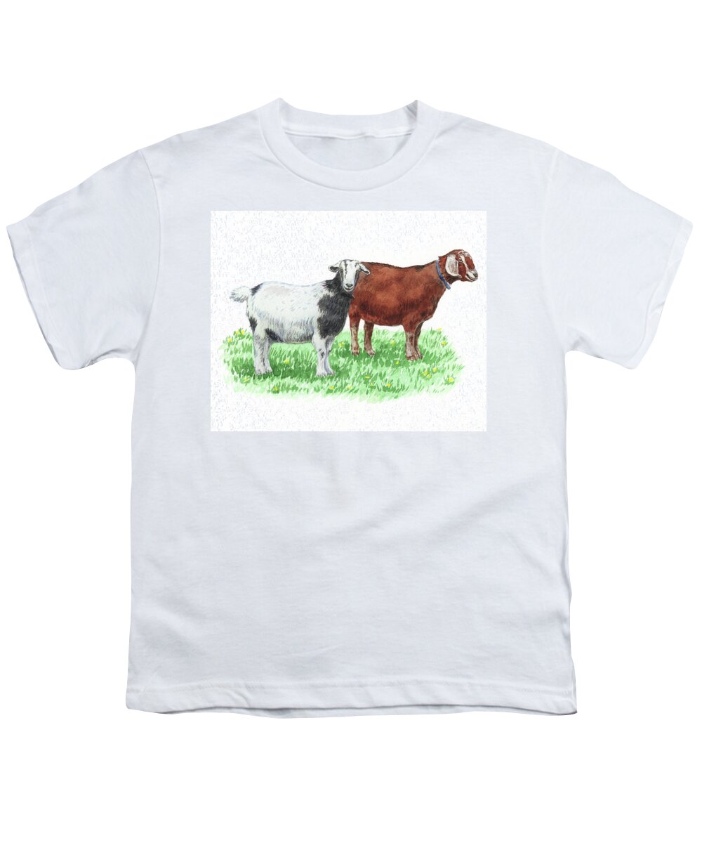 Goat Youth T-Shirt featuring the painting Cute And Curious Goats Watercolor by Irina Sztukowski