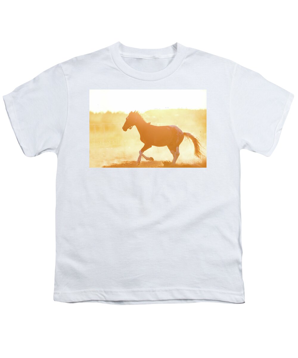 Horse Youth T-Shirt featuring the photograph Dark purebred horse gallopading on the sand by Michal Bednarek