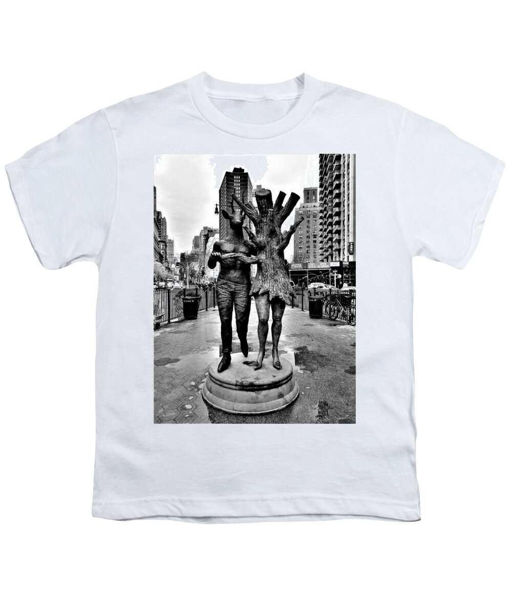 Art Youth T-Shirt featuring the photograph DEER TREE SCULPTURE IN N Y C in B W by Rob Hans