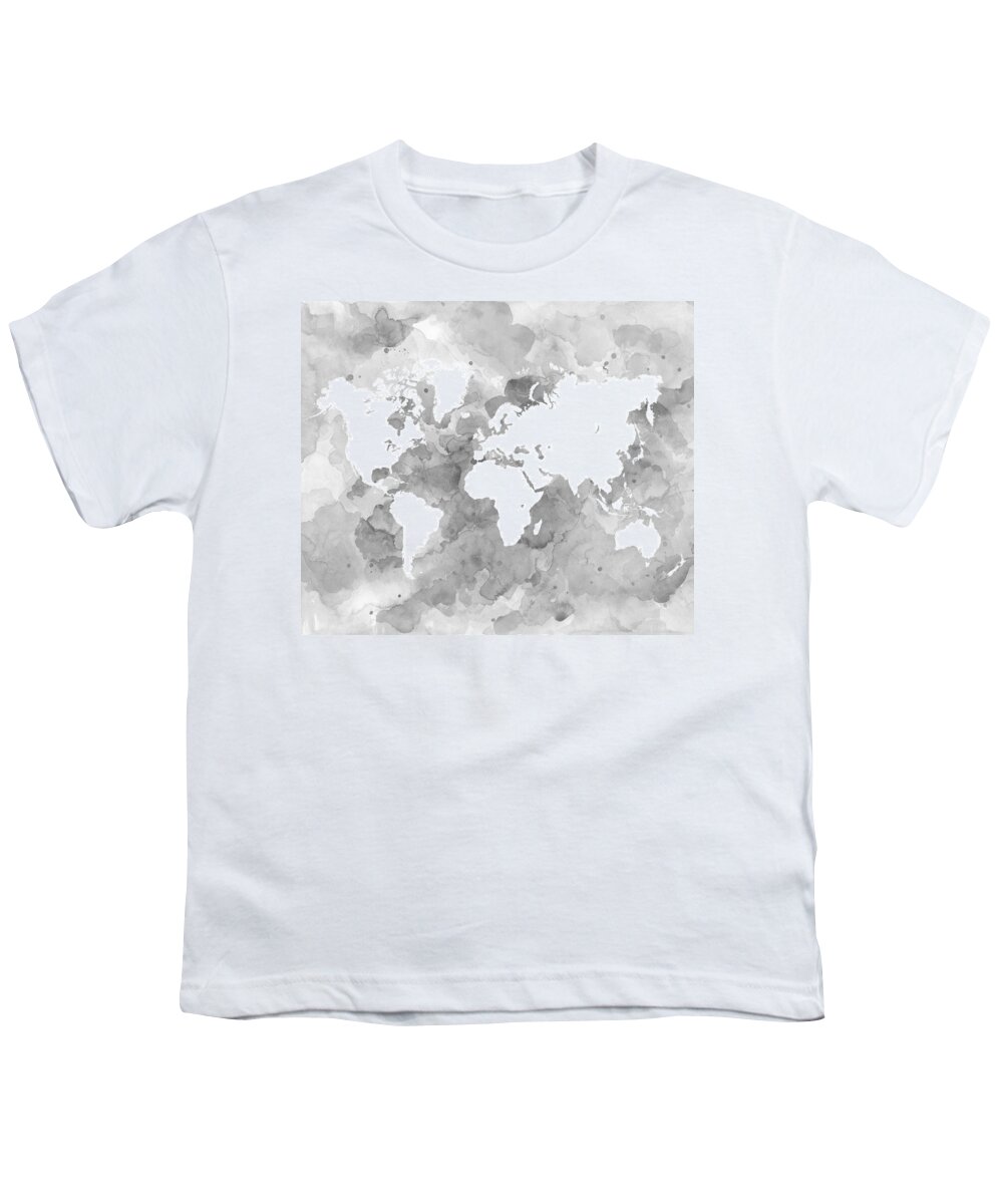 World Youth T-Shirt featuring the digital art Design 49 World Map Grayscale by Lucie Dumas