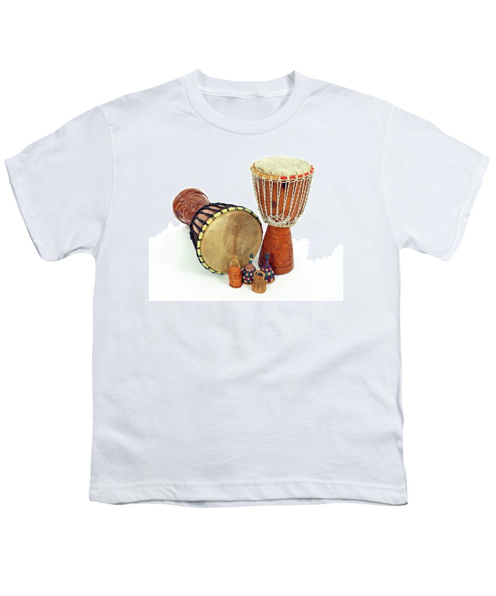 Djembe Youth T-Shirt featuring the photograph Djembe drums and caxixi shakers by GoodMood Art