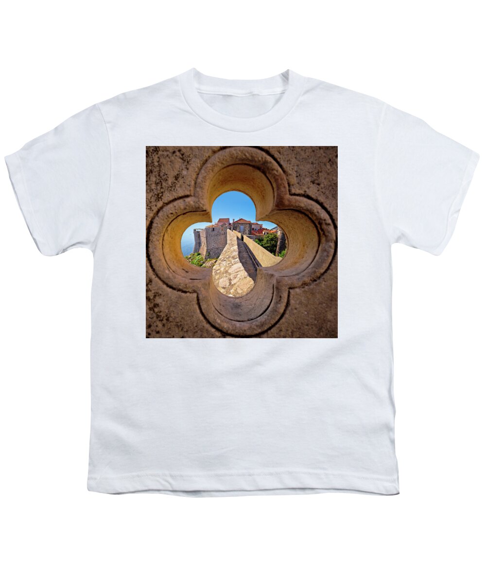 Dubrovnik Youth T-Shirt featuring the photograph Dubrovnik city walls view through stone carved detail by Brch Photography