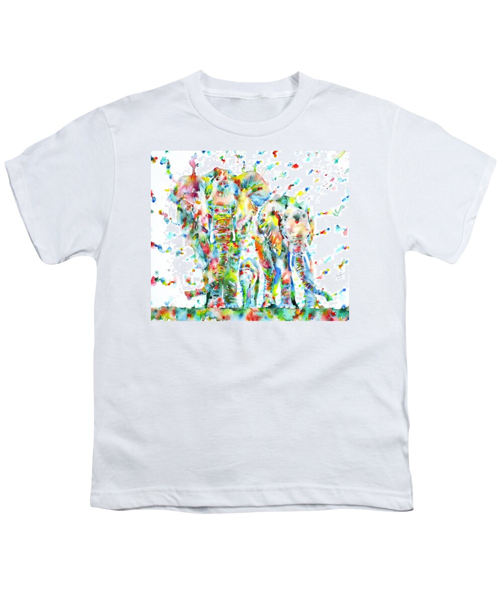 Elephant Youth T-Shirt featuring the painting FAMILY of ELEPHANTS by Fabrizio Cassetta