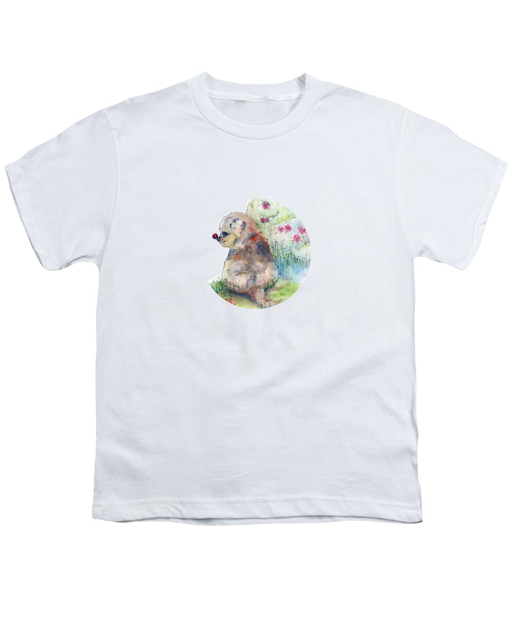 Mini Australian Shepherd Youth T-Shirt featuring the painting First Contact by Lauren Heller