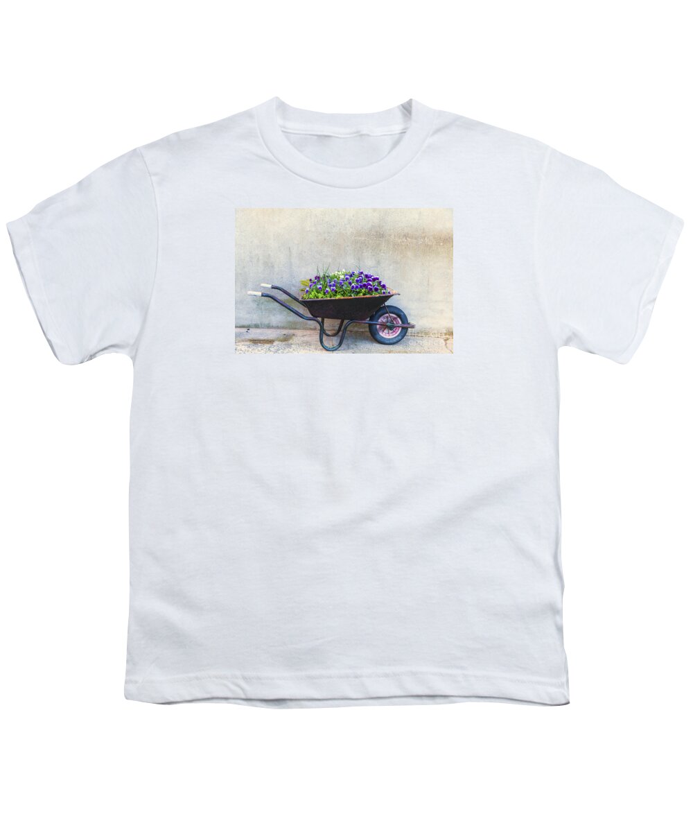 Cement Youth T-Shirt featuring the photograph Flowers in a wheelbarrow by Jim Orr
