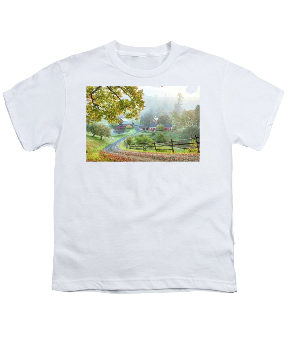 Sleepy Hollow Farm Youth T-Shirt featuring the photograph Fog on sleepy hollow farm by Jeff Folger