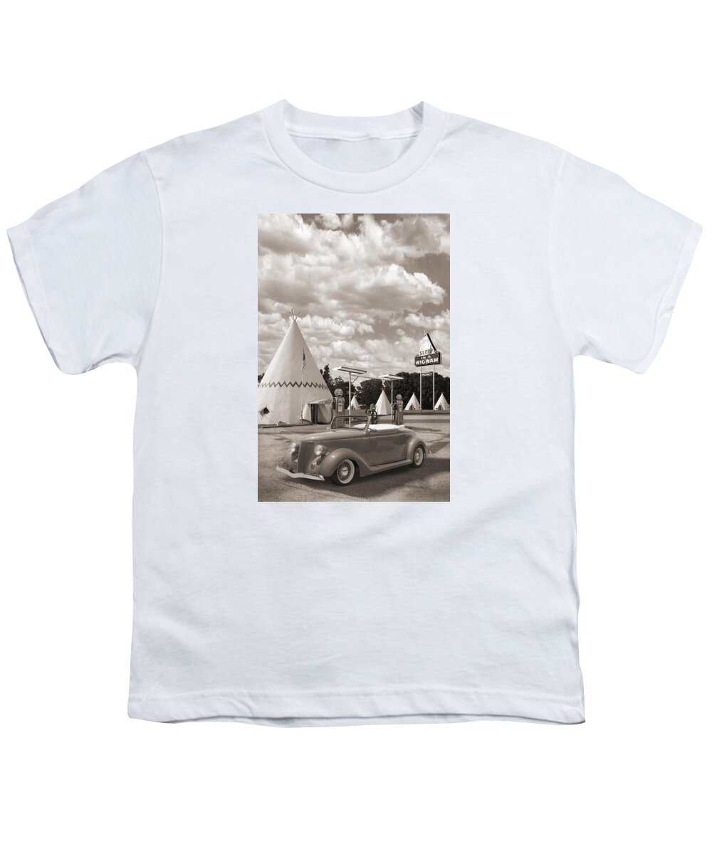 Street Rods Youth T-Shirt featuring the photograph Ford Roadster At An Indian Gas Station Sepia by Mike McGlothlen