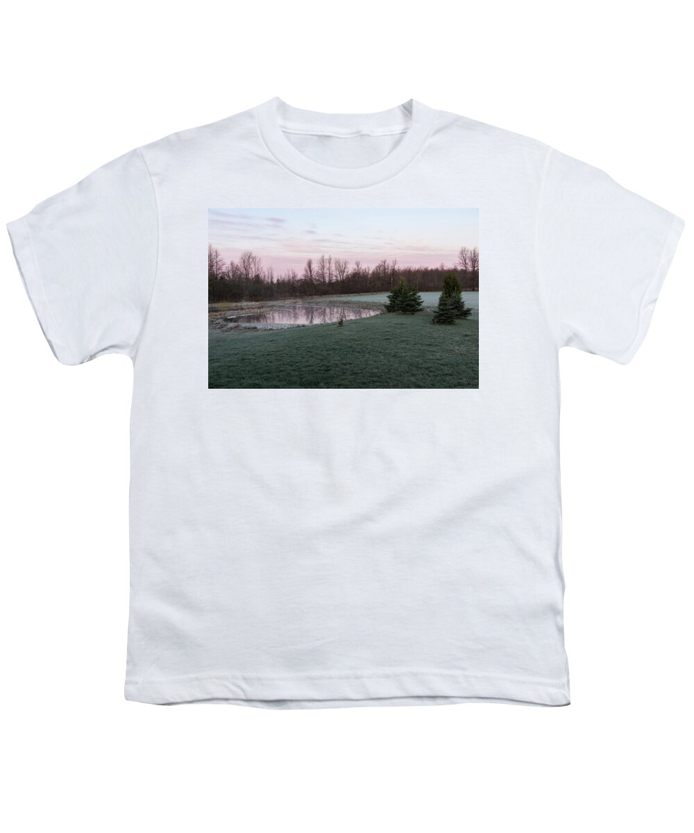 Georgia Mizuleva Youth T-Shirt featuring the photograph Frosty Morning - Quiet Pinks and Greens at the Pond by Georgia Mizuleva