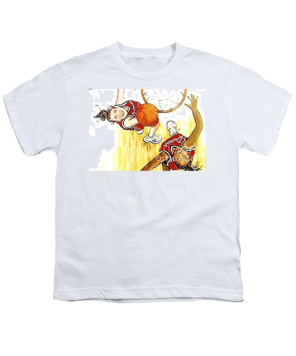 Girls Youth T-Shirt featuring the painting Girl's Basketball by Linda Shackelford