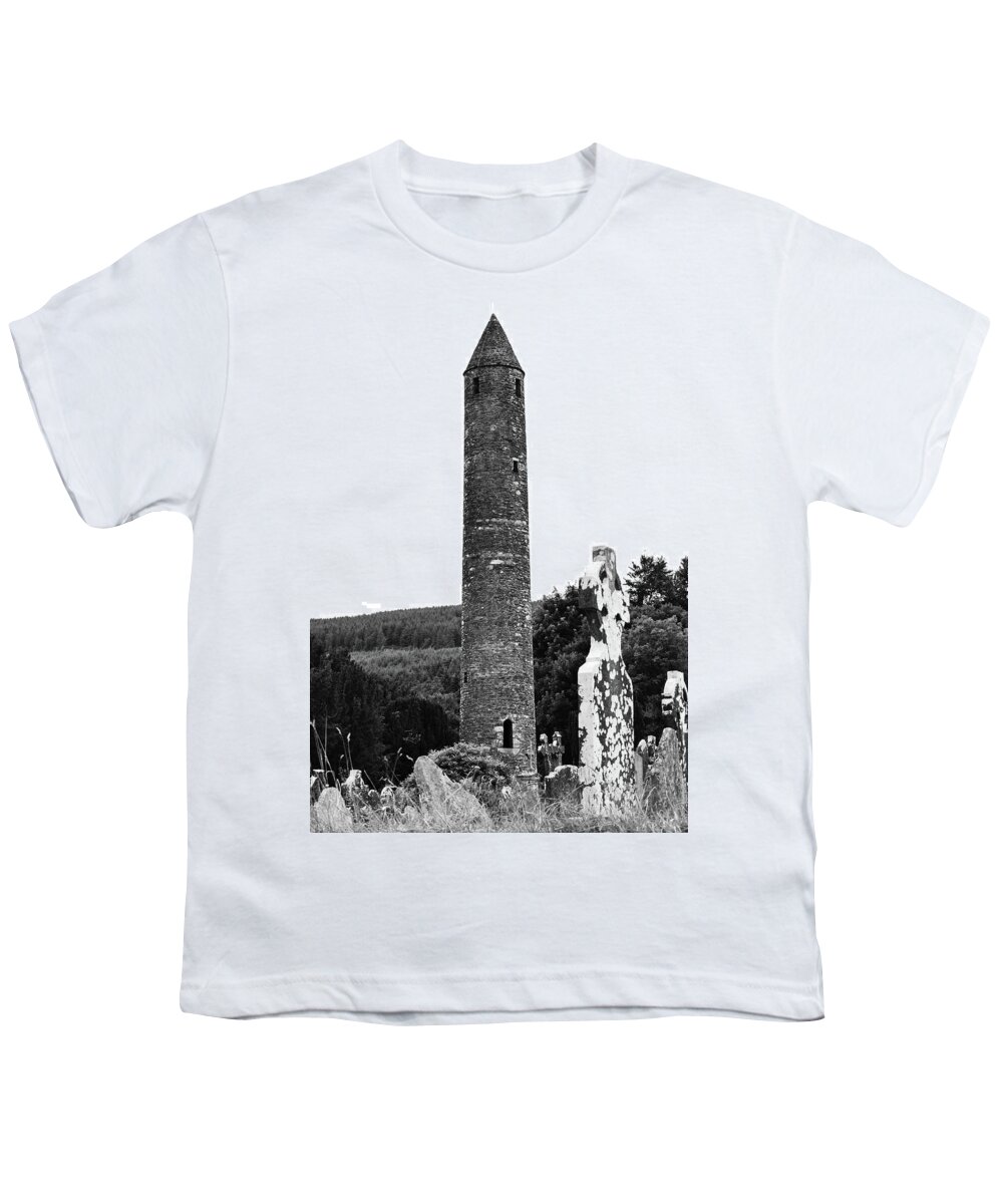 Glendalough Youth T-Shirt featuring the photograph Glendalough Round Tower and Celtic Cross Headstone County Wicklow Ireland Black and White by Shawn O'Brien