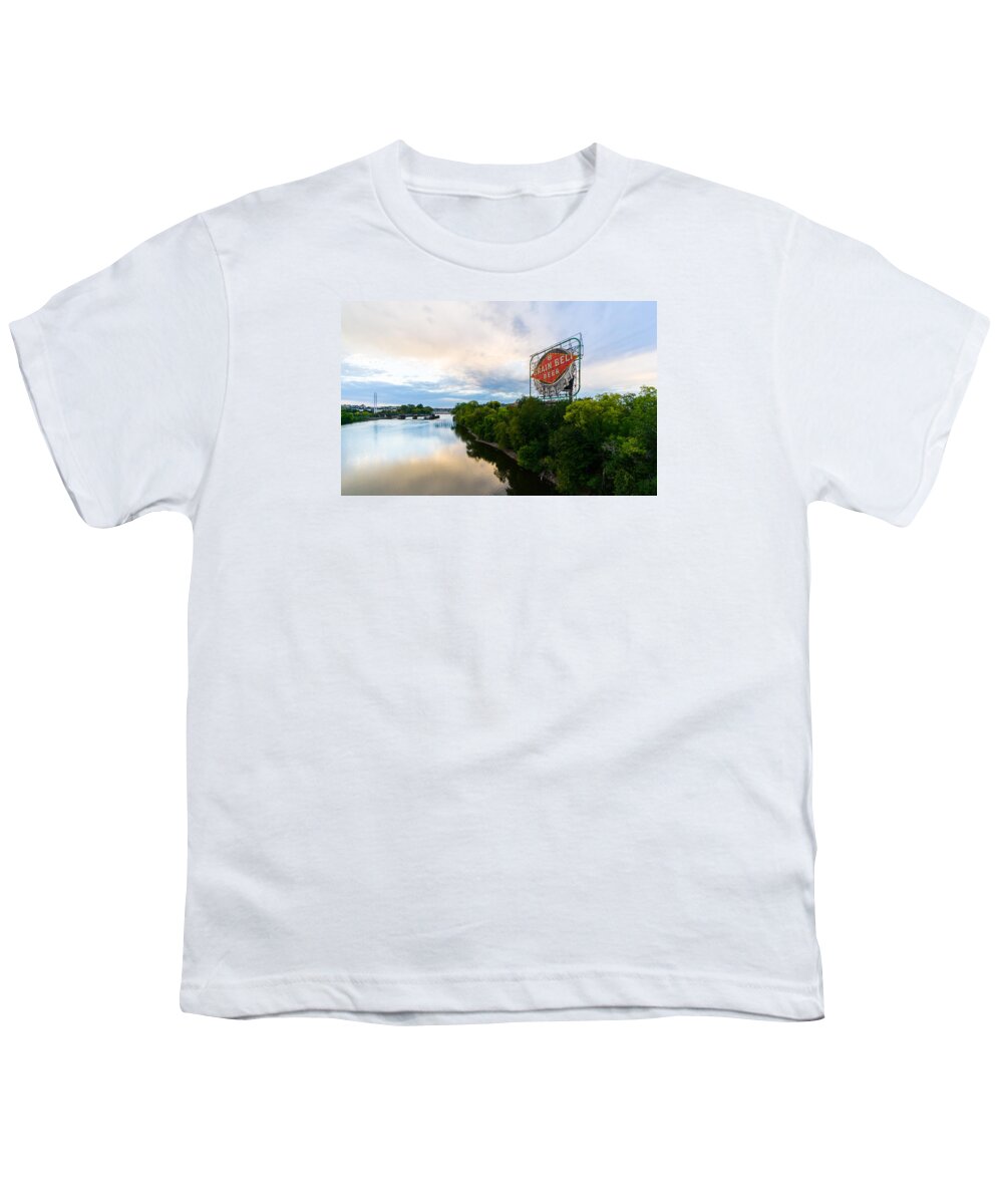 15mm_voigtlander Youth T-Shirt featuring the photograph Grain Belt Beer sign on River by Mike Evangelist