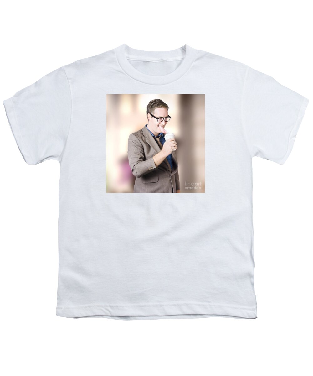 Coffee Youth T-Shirt featuring the photograph Humorous businessman licking top of coffee cup by Jorgo Photography