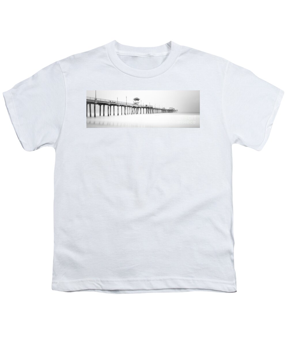 America Youth T-Shirt featuring the photograph Huntington Beach Pier Panorama in Black and White by Paul Velgos