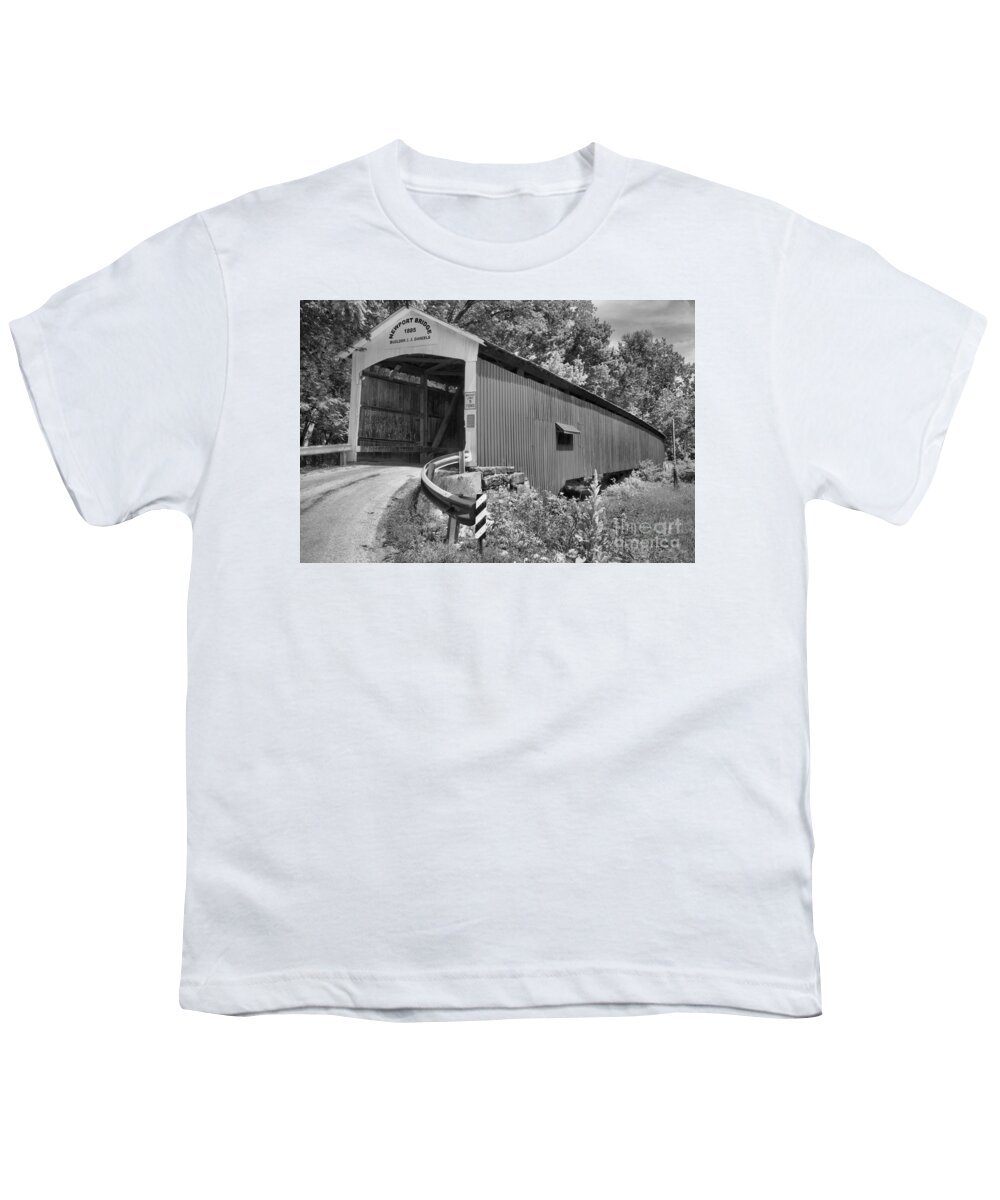 Newport Covered Bridge Youth T-Shirt featuring the photograph Indiana Newport Covered Bridge Black And White by Adam Jewell