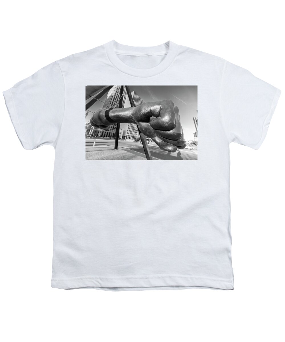 Detroit Youth T-Shirt featuring the photograph Joe Louis Fist Black and White 1 by John McGraw