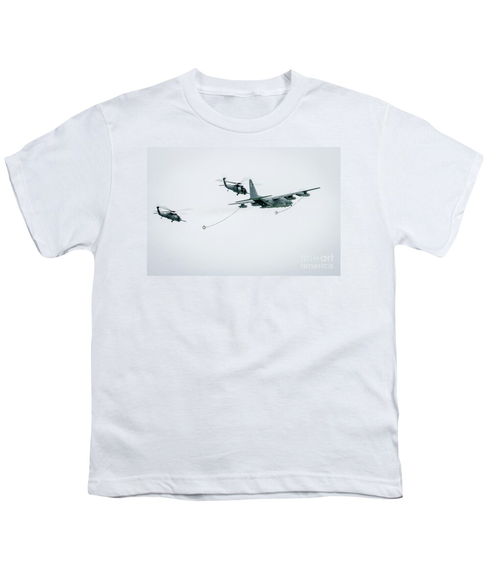 C-130 Tanker Fueling Sikorsky Blackhawk Helicopter Youth T-Shirt featuring the photograph Joining Up for In Flight Refueling by Rene Triay FineArt Photos