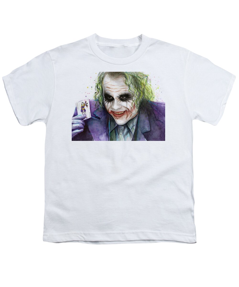 Watercolor Youth T-Shirt featuring the painting Joker Watercolor Portrait by Olga Shvartsur