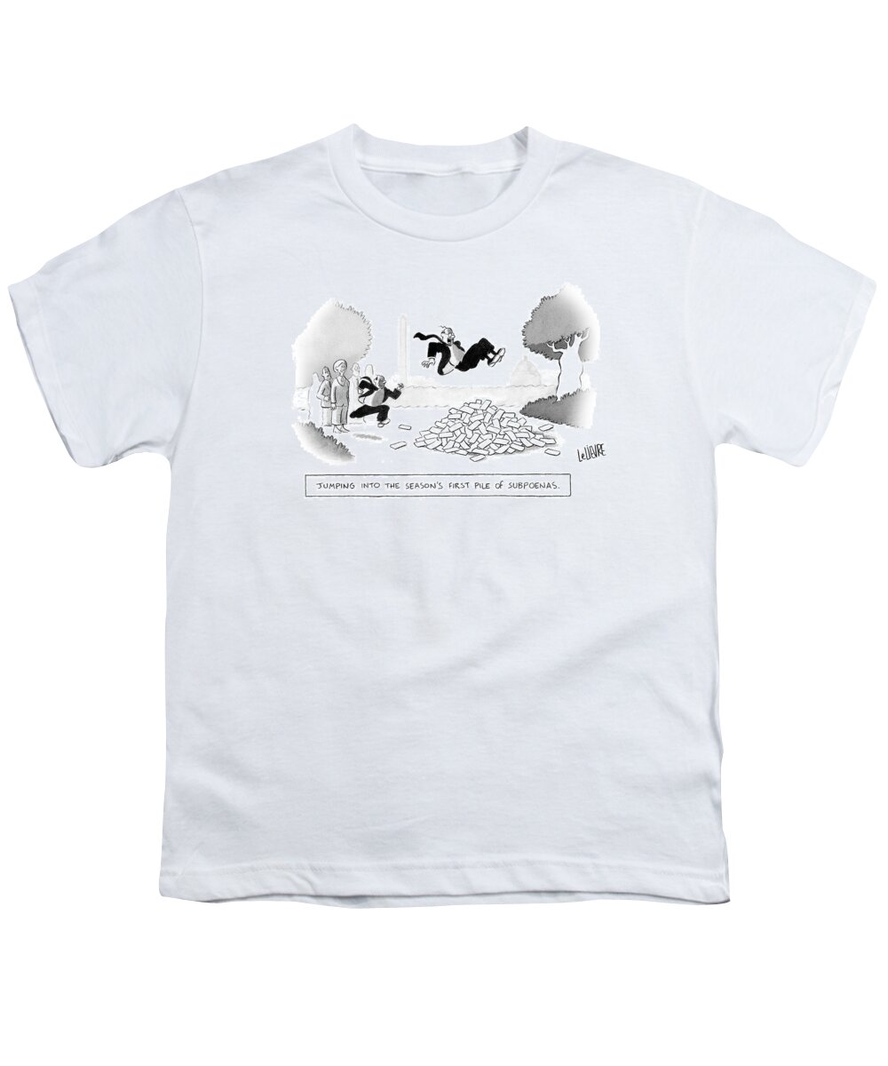 Jumping Into The Season's First Pile Of Subpoenas Youth T-Shirt featuring the drawing Jumping Into The First Pile of Subpoenas by Glen Le Lievre
