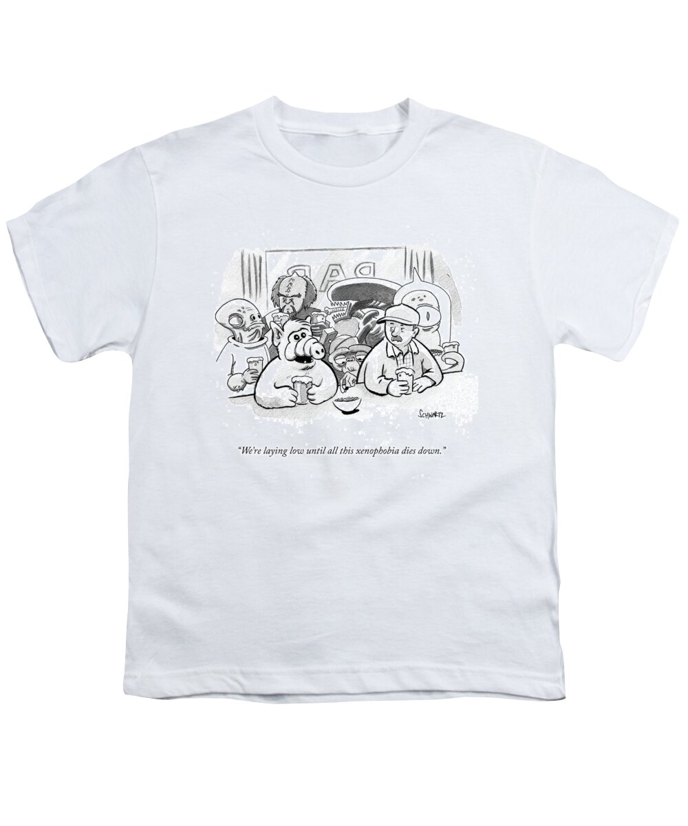 We're Laying Low Until All This Xenophobia Dies Down. Youth T-Shirt featuring the drawing Laying low until all this xenophobia dies down by Benjamin Schwartz