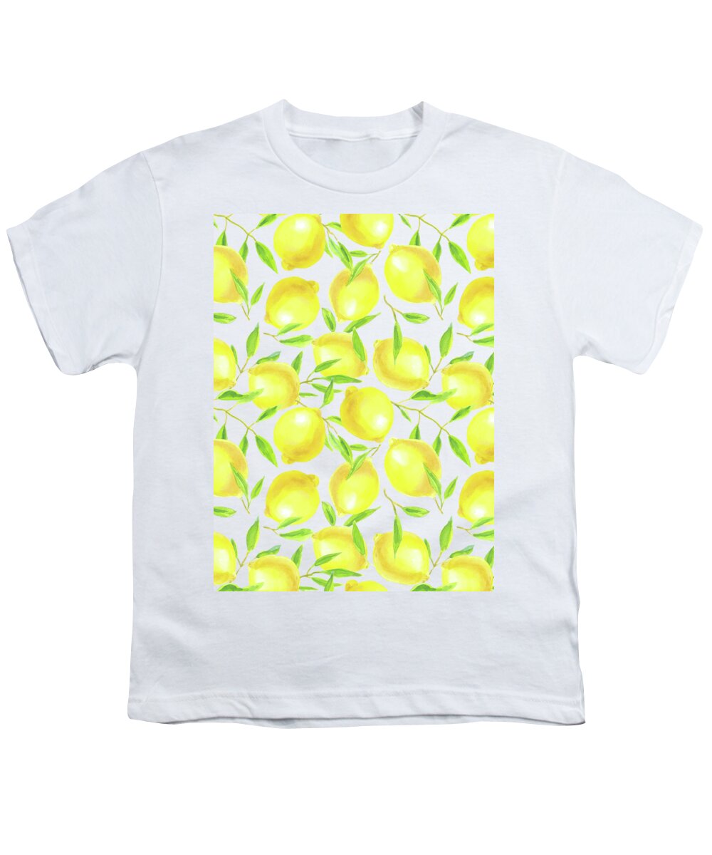 Art Youth T-Shirt featuring the mixed media Lemons and leaves pattern design by Katerina Kirilova