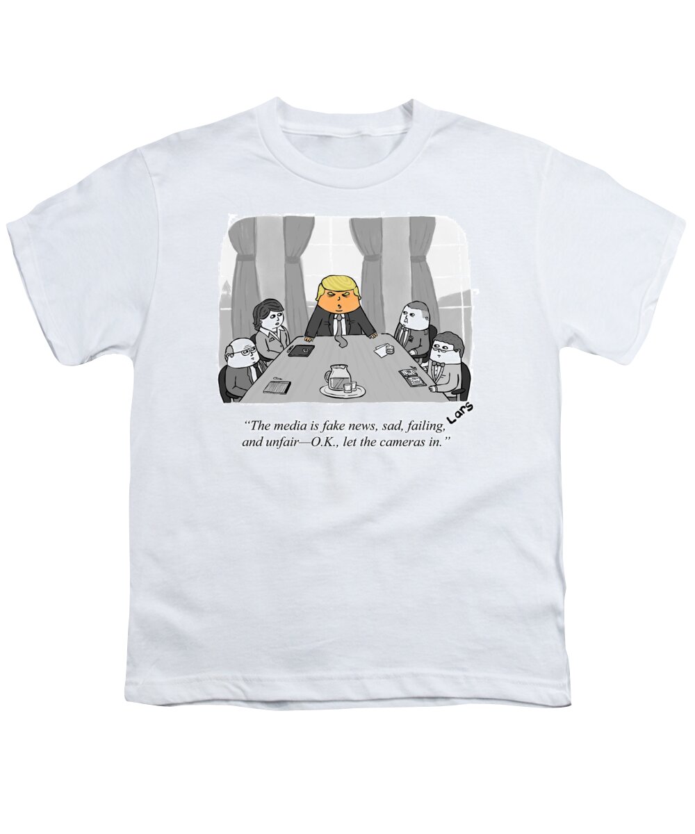 The Media Is Fake News Youth T-Shirt featuring the drawing Let the cameras in by Lars Kenseth