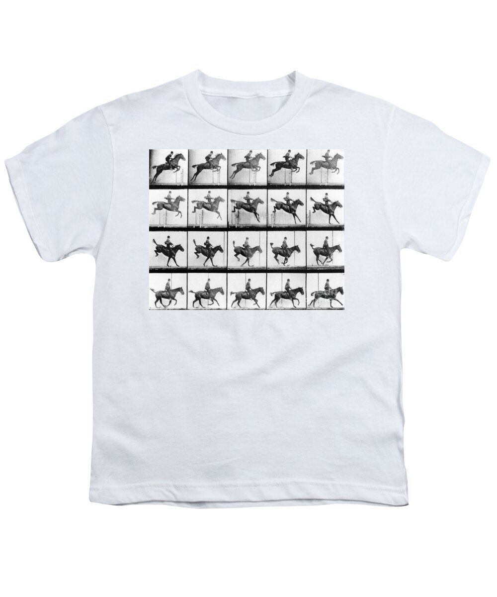 Muybridge Youth T-Shirt featuring the photograph Man and Horse jumping by Eadweard Muybridge