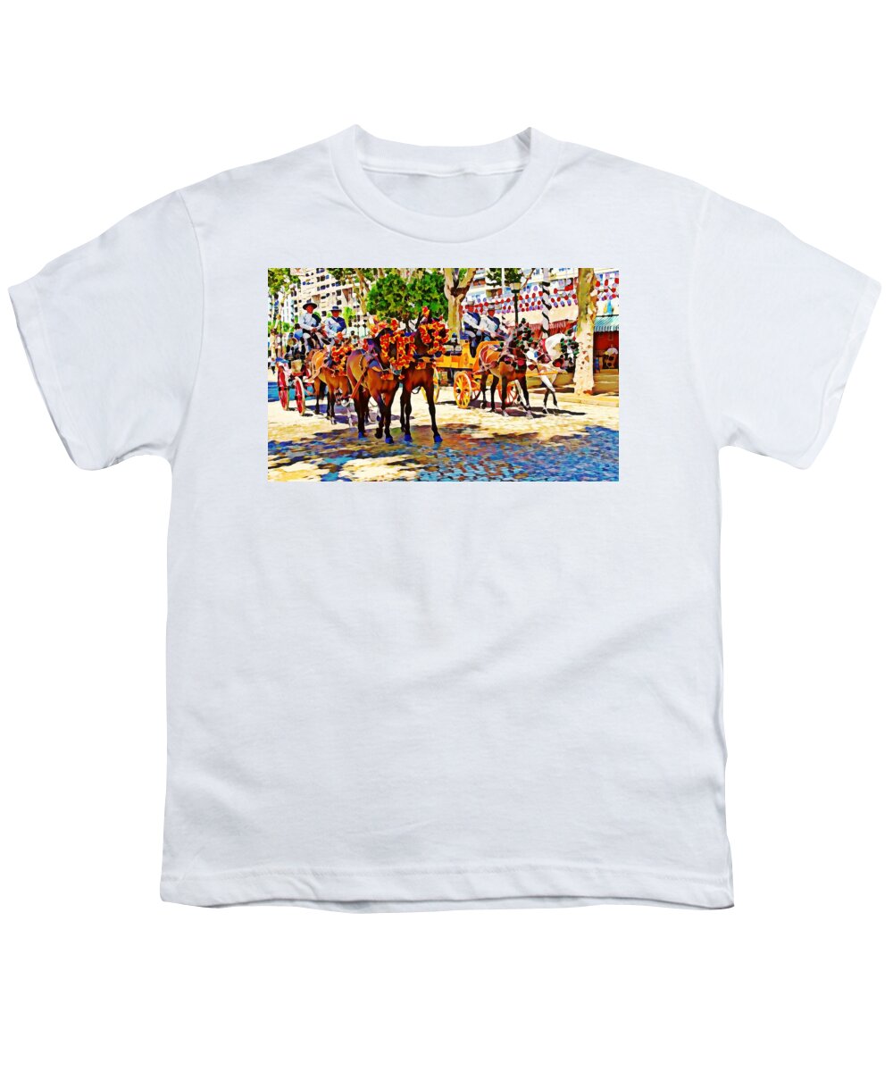 Procession Youth T-Shirt featuring the mixed media May Day Fair in Sevilla, Spain by Tatiana Travelways