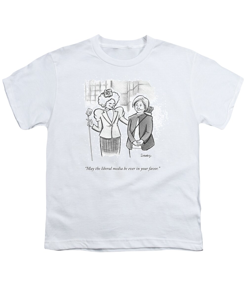 may The Liberal Media Be Ever In Your Favor. Youth T-Shirt featuring the drawing May the liberal media be ever in your favor by Benjamin Schwartz