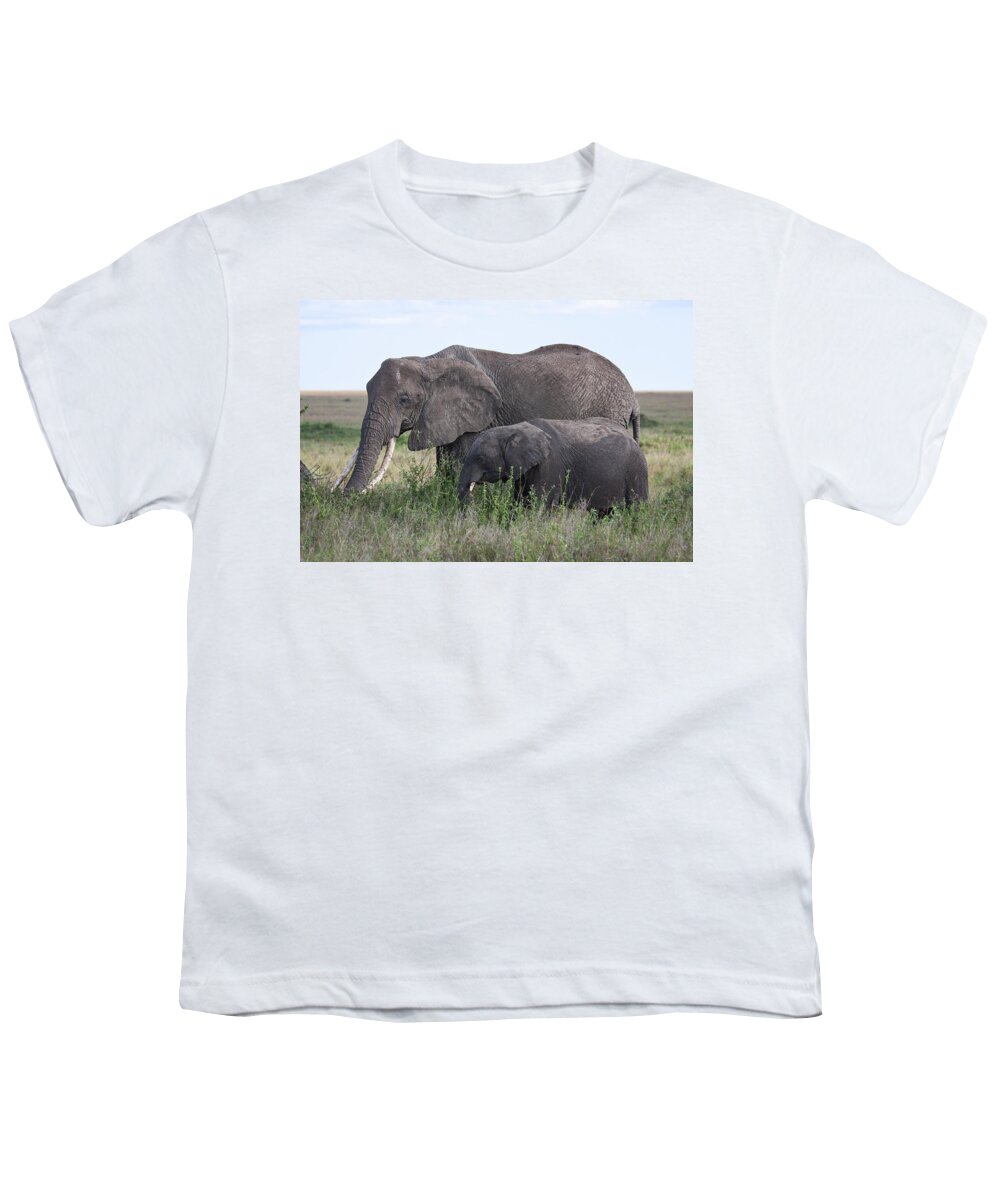 African Elephants Youth T-Shirt featuring the photograph Mother and Young Elephants by Sally Weigand