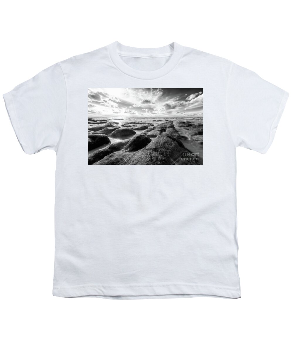Norfolk Youth T-Shirt featuring the photograph Norfolk Hunstanton rugged coastline black and white by Simon Bratt