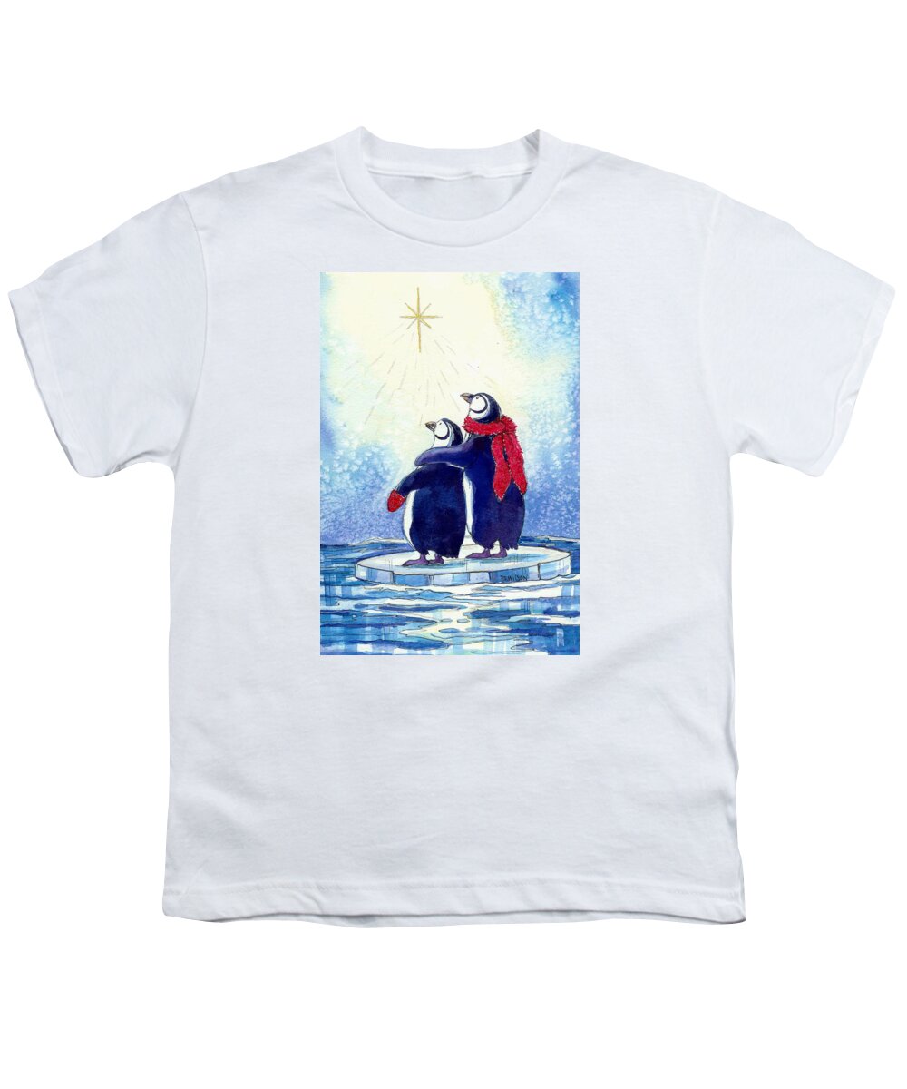 Penguins Youth T-Shirt featuring the painting Penquins an Christmas Star by Peggy Wilson