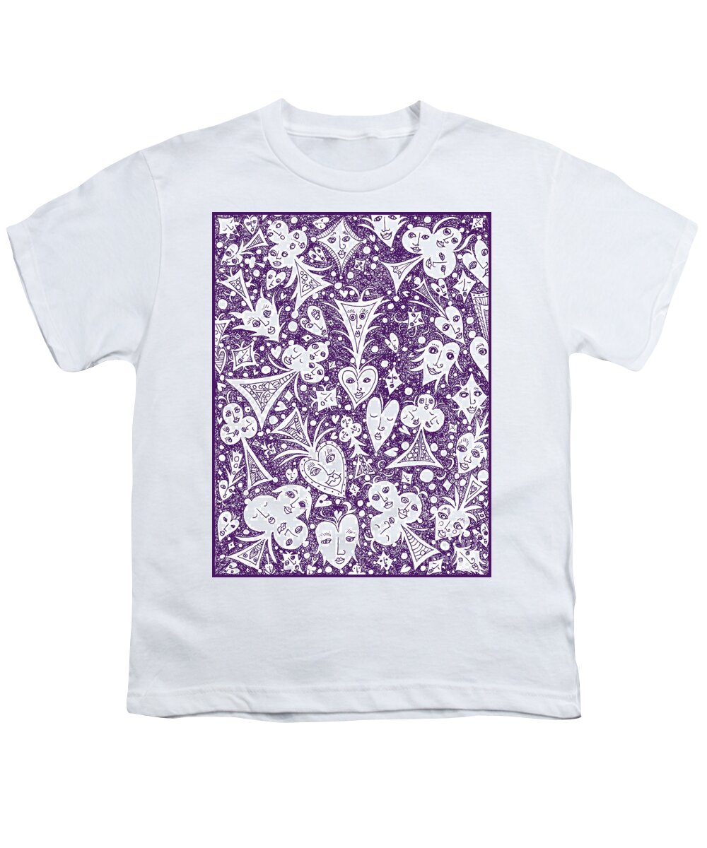 Lise Winne Youth T-Shirt featuring the drawing Playing Card Symbols with Faces in Purple by Lise Winne