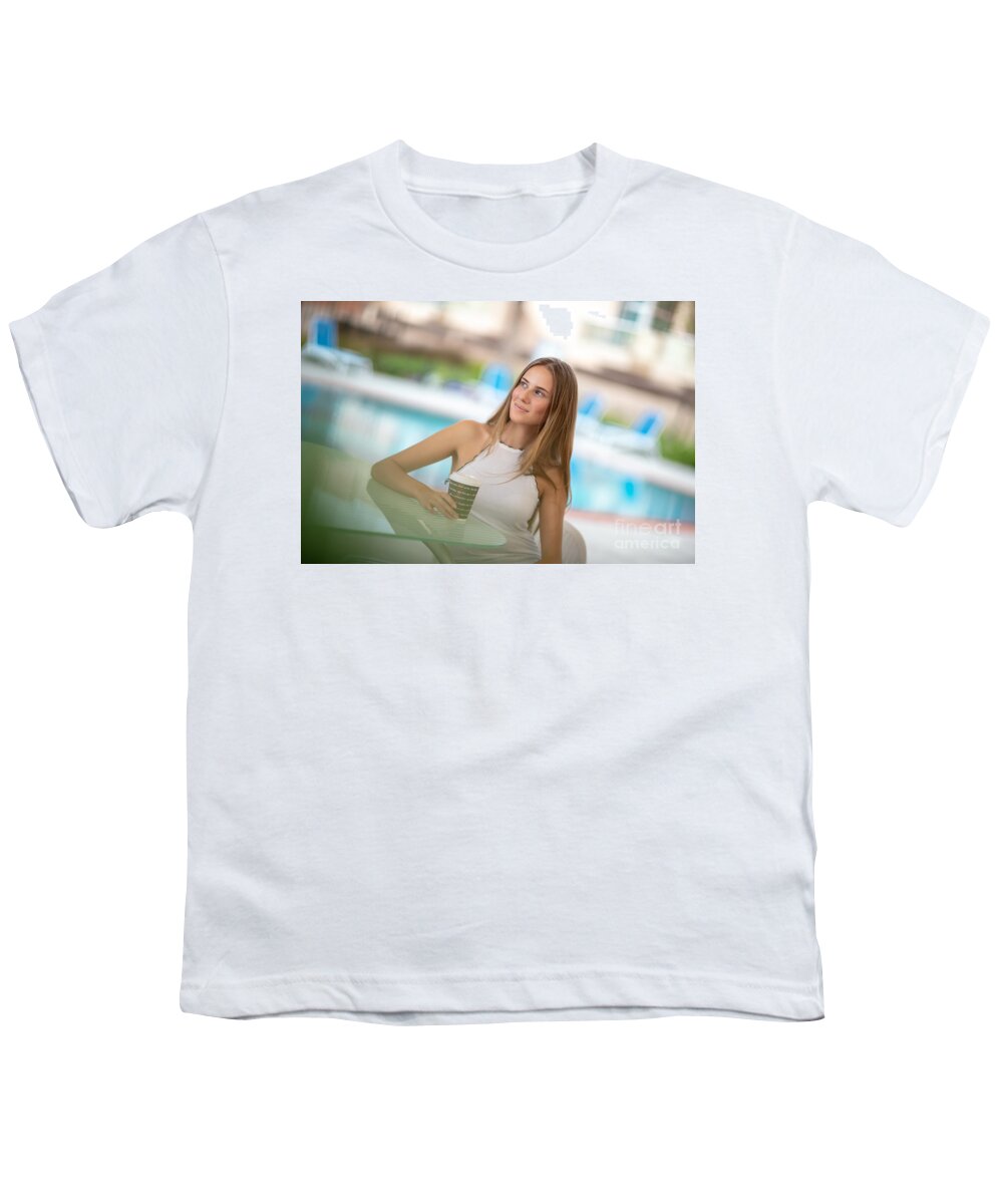 Adult Youth T-Shirt featuring the photograph Pretty girl in outdoors cafe by Anna Om