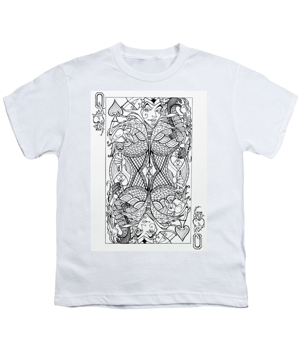 Queen Of Spades Youth T-Shirt featuring the drawing Queen Of Spades by Jani Freimann