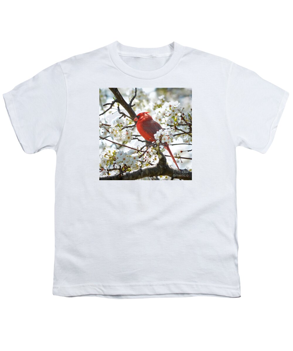 Nature Youth T-Shirt featuring the photograph Red Cardinal In Spring Flowers by Nava Thompson