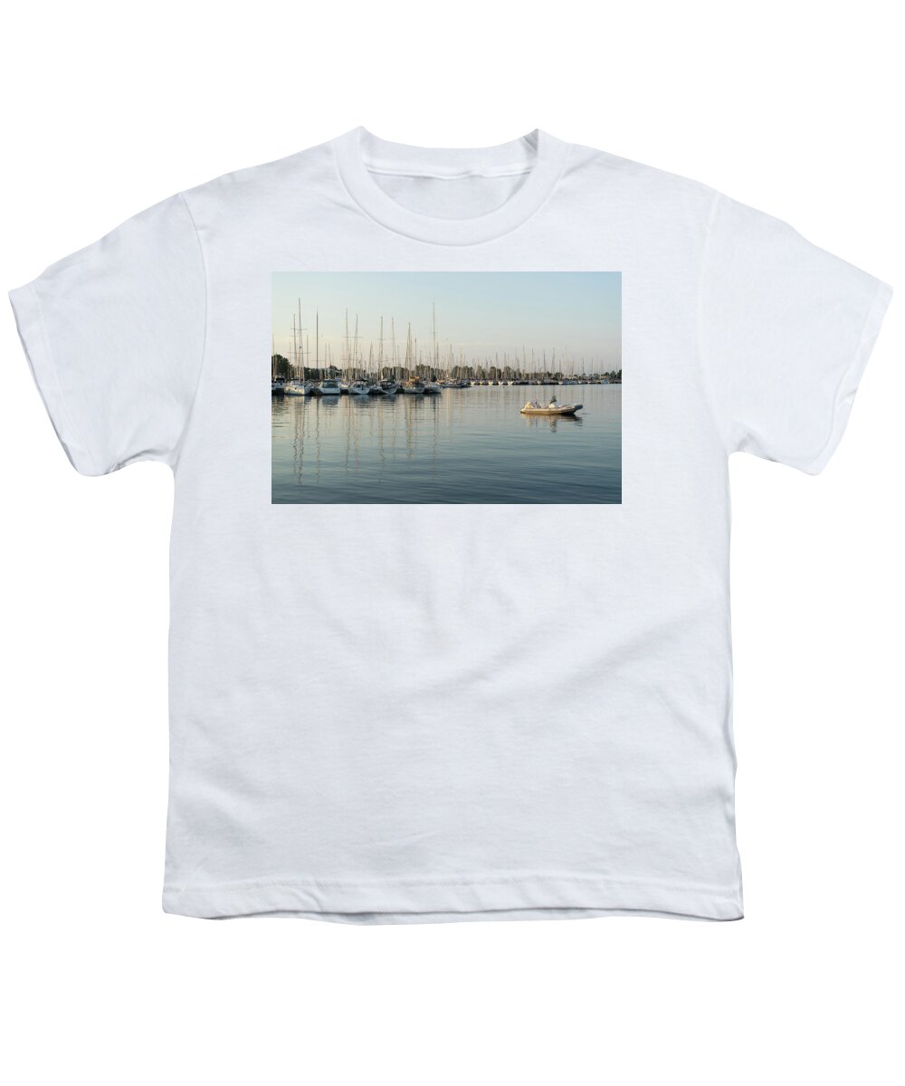 Reflecting On Yachting Youth T-Shirt featuring the photograph Reflecting on Yachting - Pastel Morning at the Marina by Georgia Mizuleva