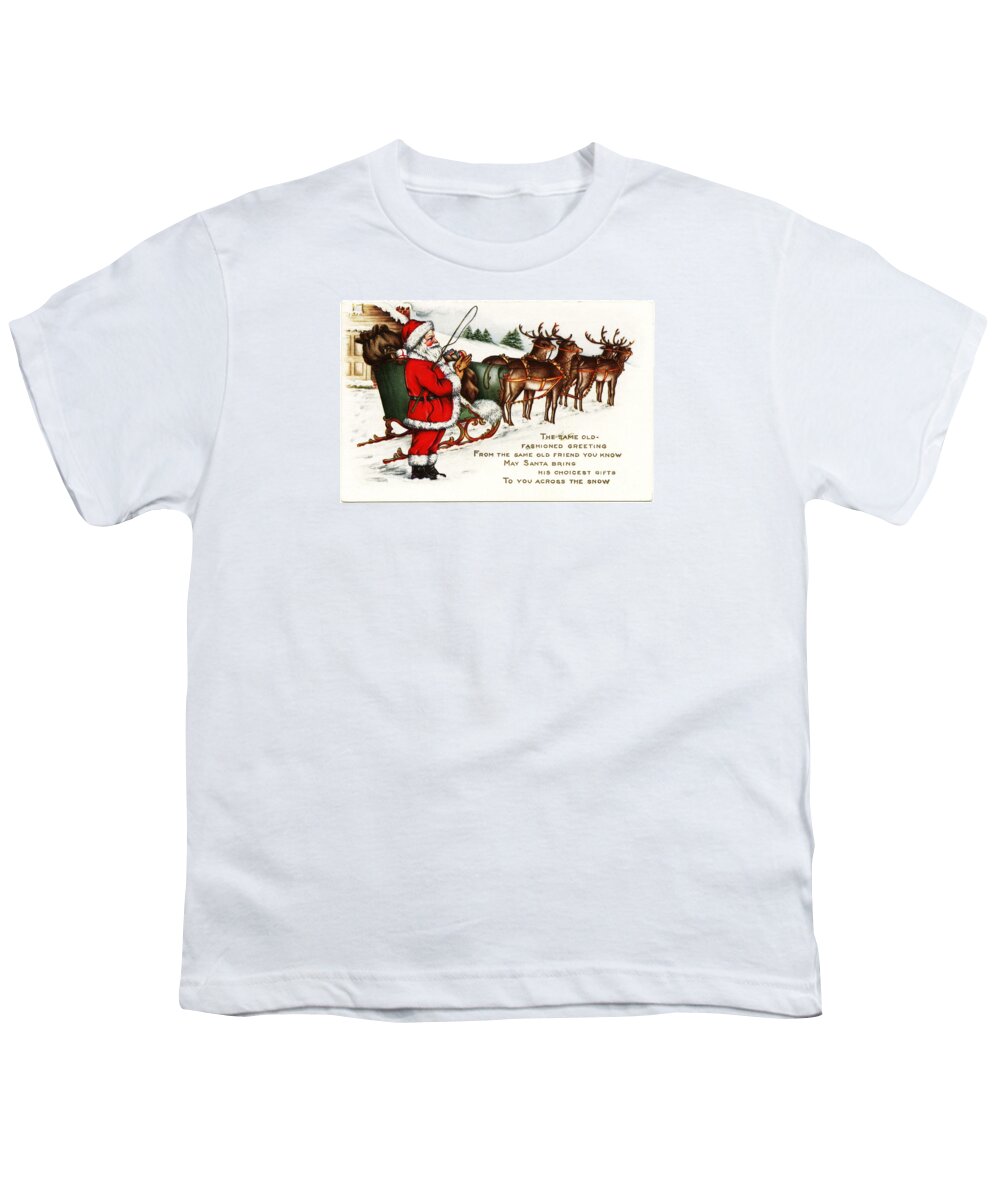 Santa And His Reindeer Greetings Merry Christmas Youth T-Shirt featuring the painting Santa and his reindeer greetings merry christmas by Vintage Collectables