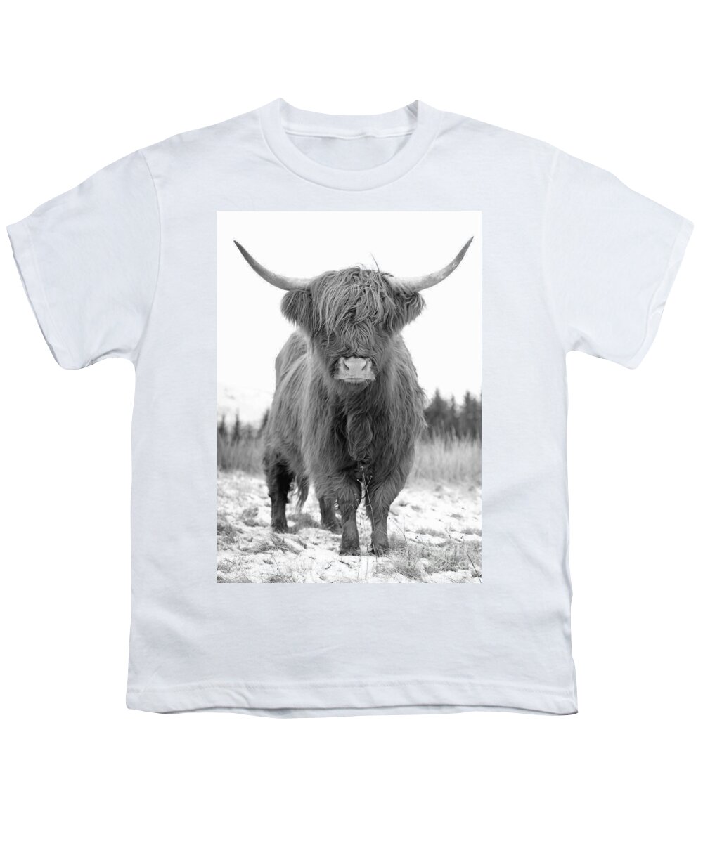 Highland Cattle Youth T-Shirt featuring the photograph Scottish Highland Coo - Monochrome by Maria Gaellman