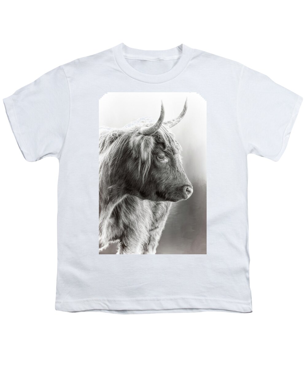 Scottish Highlander Black And White Youth T-Shirt featuring the photograph Scottish Highlander Black and White by Wes and Dotty Weber