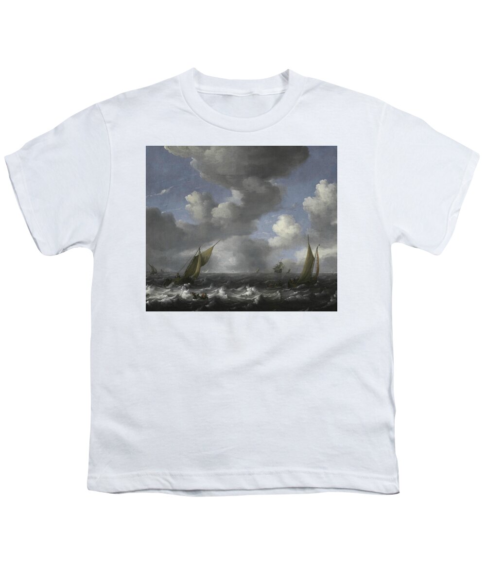 17th Century Art Youth T-Shirt featuring the painting Seascape and Fishing Boats by Ludolf Bakhuizen